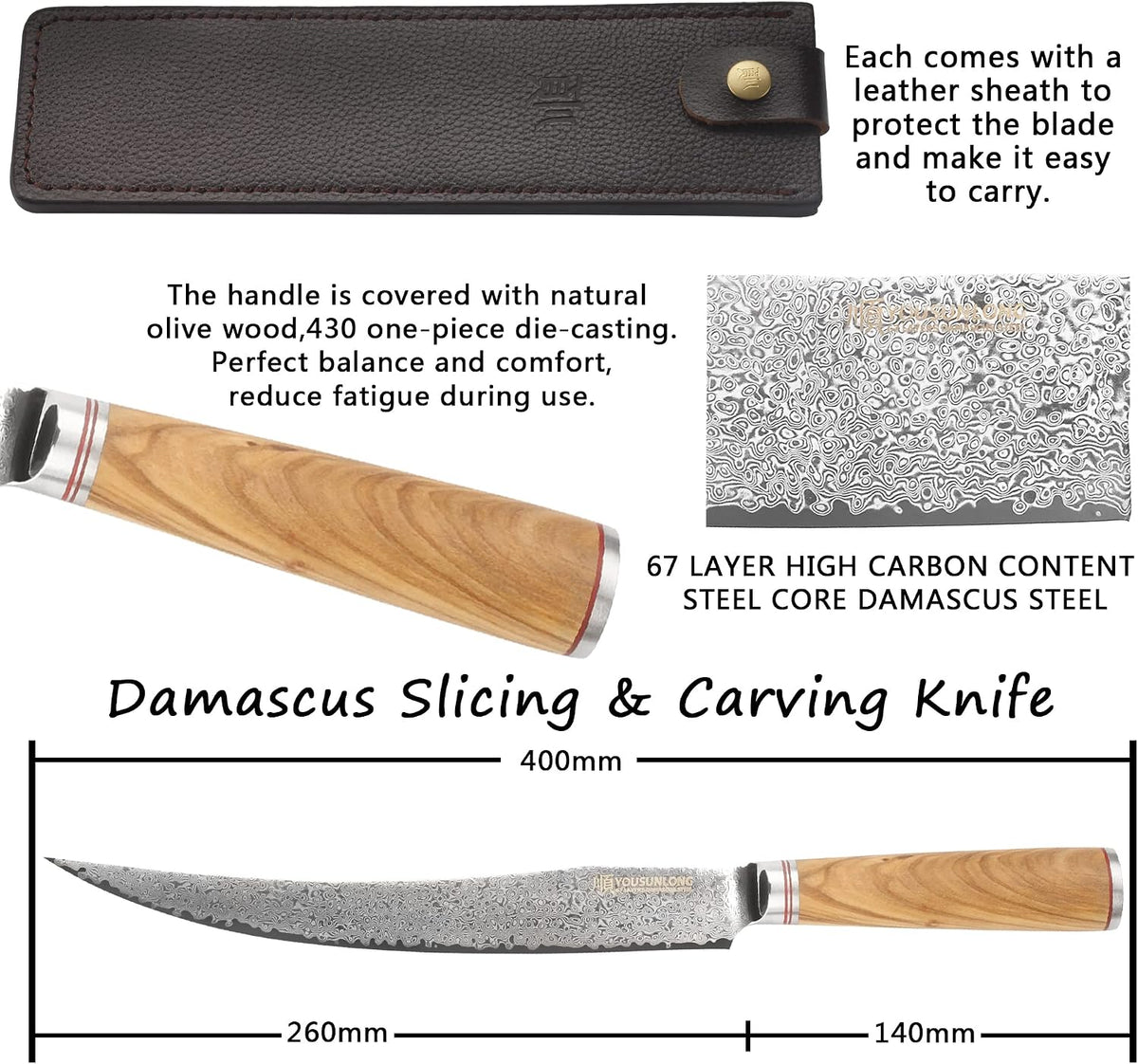 Slicing & Carving Knife -10''(25.4cm) - Damascus Steel - Japanese Hammered Super Steel - Razor Sharp - Italian Olive wood Handle With Leather Sheath -Ham Slicer- Slicing Cleaver