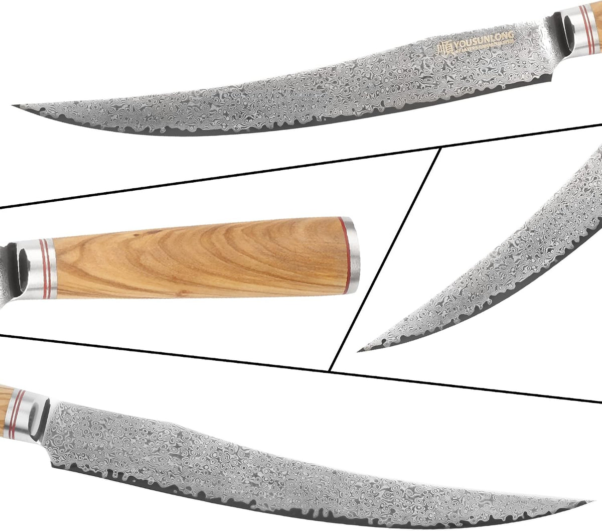 Slicing & Carving Knife -10''(25.4cm) - Damascus Steel - Japanese Hammered Super Steel - Razor Sharp - Italian Olive wood Handle With Leather Sheath -Ham Slicer- Slicing Cleaver
