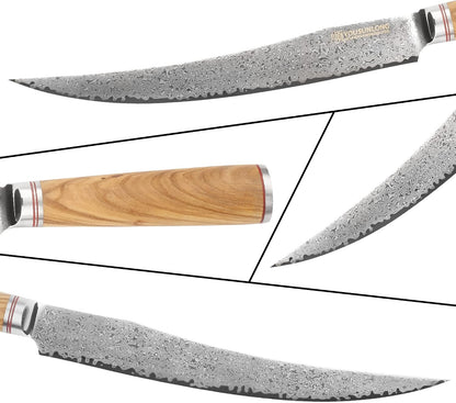 Slicing & Carving Knife -10''(25.4cm) - Damascus Steel - Japanese Hammered Super Steel - Razor Sharp - Italian Olive wood Handle With Leather Sheath -Ham Slicer- Slicing Cleaver