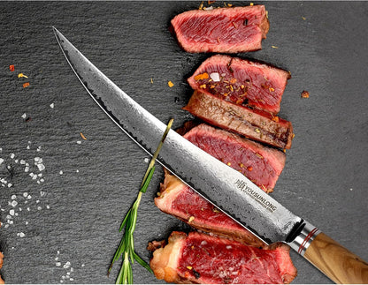 Slicing & Carving Knife -10''(25.4cm) - Damascus Steel - Japanese Hammered Super Steel - Razor Sharp - Italian Olive wood Handle With Leather Sheath -Ham Slicer- Slicing Cleaver
