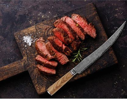 Slicing & Carving Knife -10''(25.4cm) - Damascus Steel - Japanese Hammered Super Steel - Razor Sharp - Italian Olive wood Handle With Leather Sheath -Ham Slicer- Slicing Cleaver