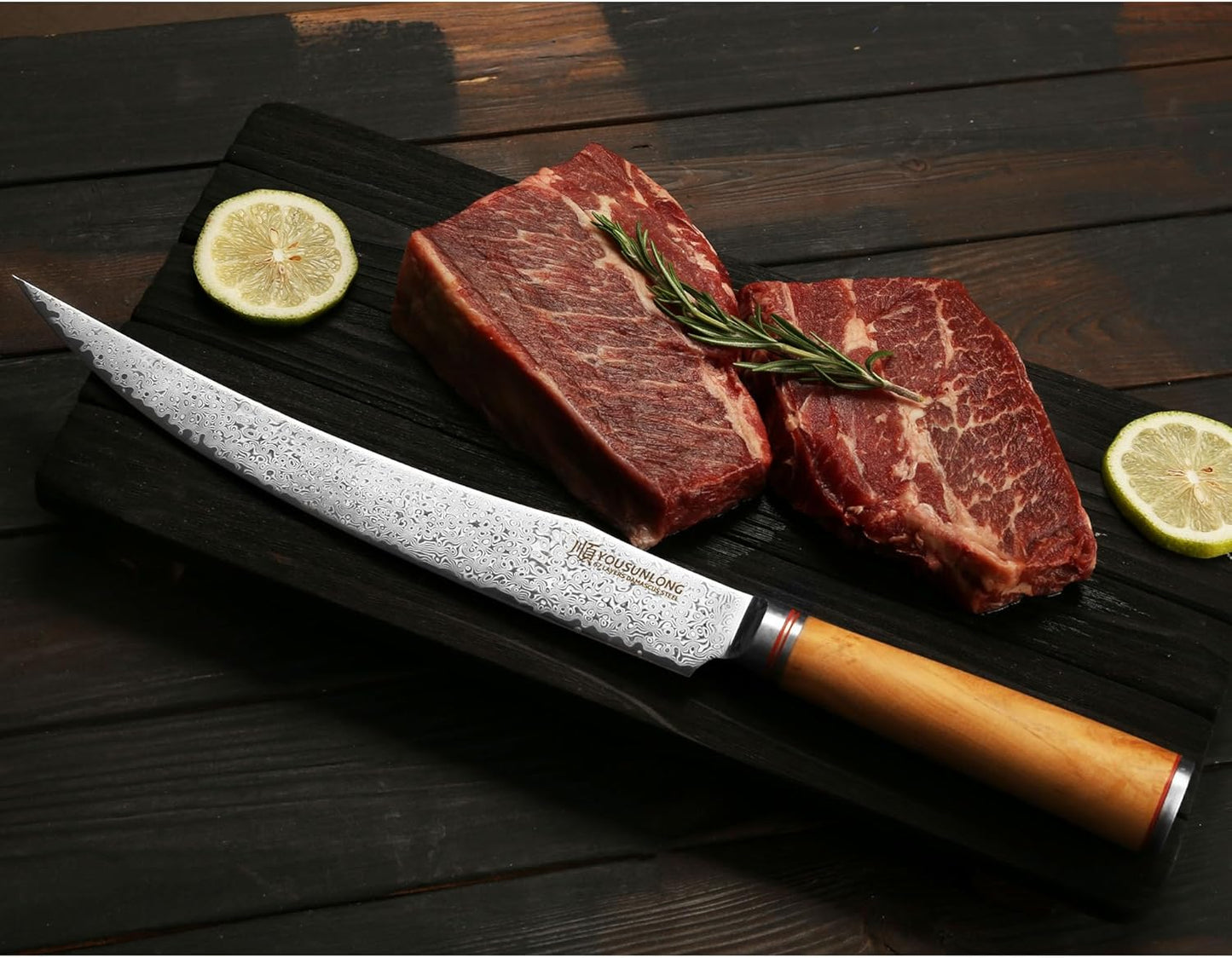 Slicing & Carving Knife -10''(25.4cm) - Damascus Steel - Japanese Hammered Super Steel - Razor Sharp - Italian Olive wood Handle With Leather Sheath -Ham Slicer- Slicing Cleaver