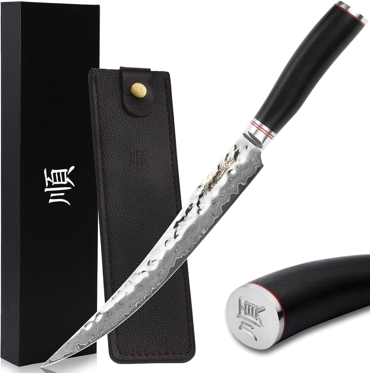 Slicing & Carving Knife -10''(25.4cm) - Damascus Steel - Japanese Hammered Super Steel - Razor Sharp - Italian Olive wood Handle With Leather Sheath -Ham Slicer- Slicing Cleaver