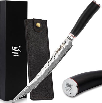 Slicing & Carving Knife -10''(25.4cm) - Damascus Steel - Japanese Hammered Super Steel - Razor Sharp - Italian Olive wood Handle With Leather Sheath -Ham Slicer- Slicing Cleaver