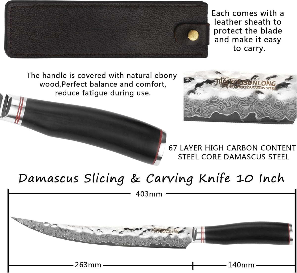 Slicing & Carving Knife -10''(25.4cm) - Damascus Steel - Japanese Hammered Super Steel - Razor Sharp - Italian Olive wood Handle With Leather Sheath -Ham Slicer- Slicing Cleaver