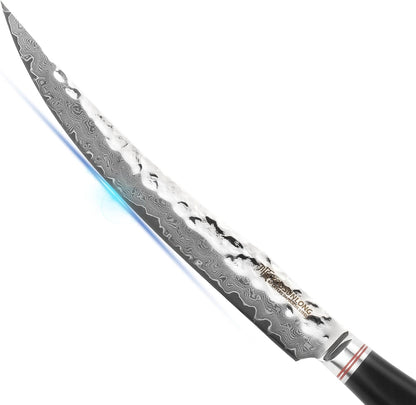 Slicing & Carving Knife -10''(25.4cm) - Damascus Steel - Japanese Hammered Super Steel - Razor Sharp - Italian Olive wood Handle With Leather Sheath -Ham Slicer- Slicing Cleaver
