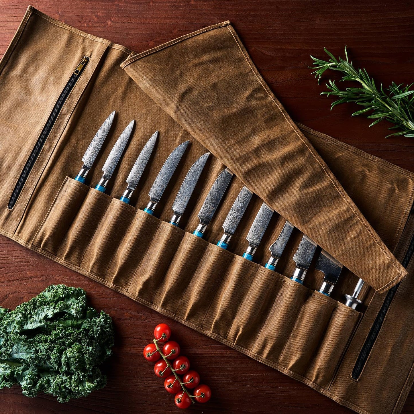 SENKEN Leather Waxed Chef Knife Roll Bag - Heavy Duty Kitchen Knife Carrying Case with Shoulder Strap - 12 Knife Slots + 2 Zipper Pockets for 14 Total Slots