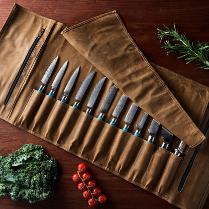 SENKEN Leather Waxed Chef Knife Roll Bag - Heavy Duty Kitchen Knife Carrying Case with Shoulder Strap - 12 Knife Slots + 2 Zipper Pockets for 14 Total Slots