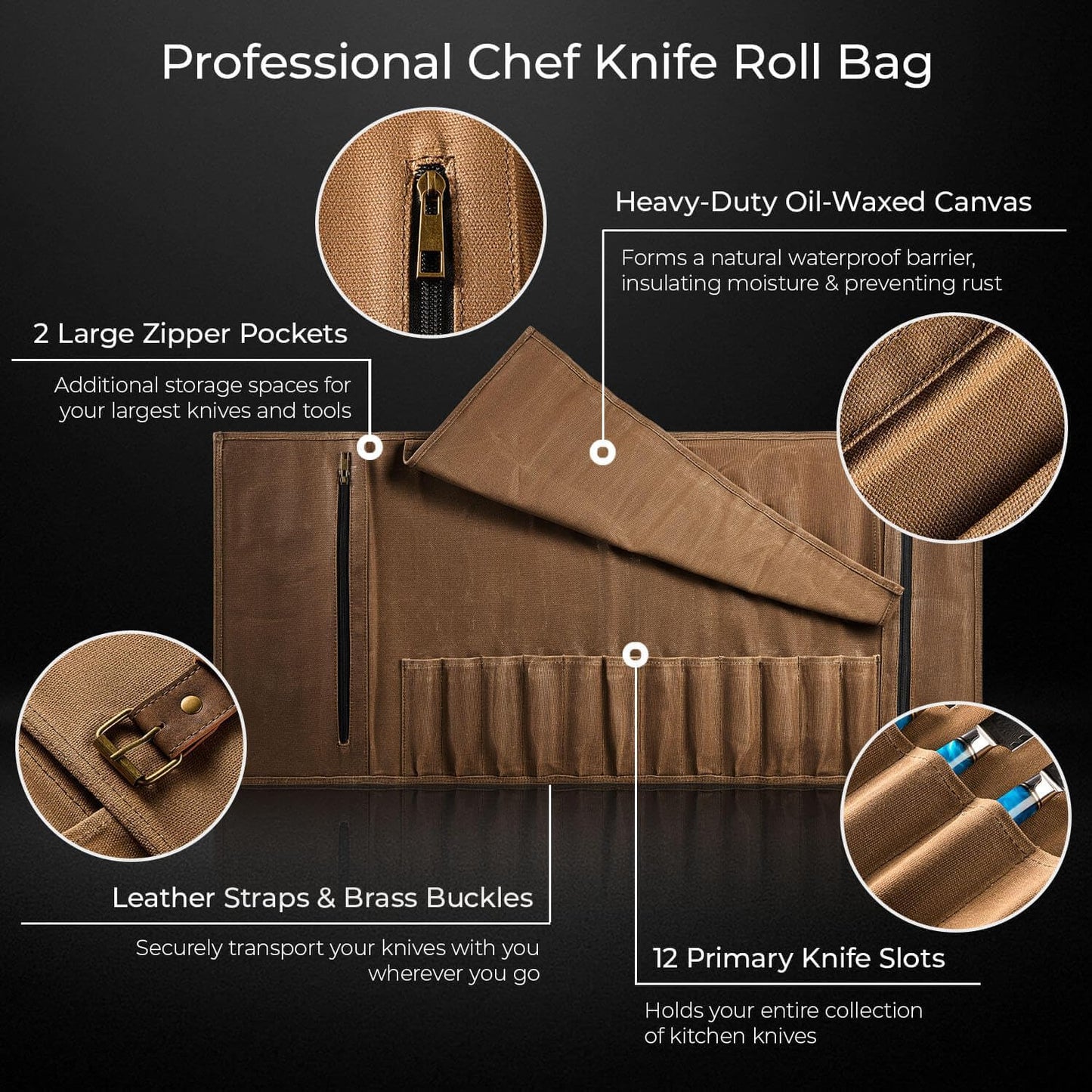 SENKEN Leather Waxed Chef Knife Roll Bag - Heavy Duty Kitchen Knife Carrying Case with Shoulder Strap - 12 Knife Slots + 2 Zipper Pockets for 14 Total Slots