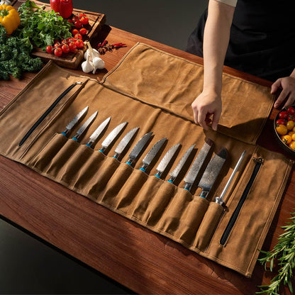 SENKEN Leather Waxed Chef Knife Roll Bag - Heavy Duty Kitchen Knife Carrying Case with Shoulder Strap - 12 Knife Slots + 2 Zipper Pockets for 14 Total Slots