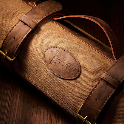 SENKEN Leather Waxed Chef Knife Roll Bag - Heavy Duty Kitchen Knife Carrying Case with Shoulder Strap - 12 Knife Slots + 2 Zipper Pockets for 14 Total Slots