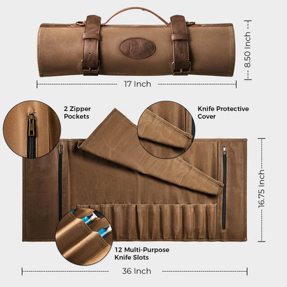 SENKEN Leather Waxed Chef Knife Roll Bag - Heavy Duty Kitchen Knife Carrying Case with Shoulder Strap - 12 Knife Slots + 2 Zipper Pockets for 14 Total Slots