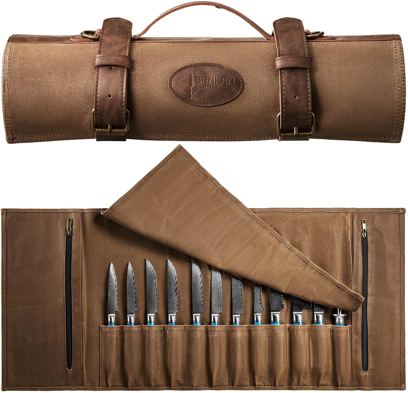 SENKEN Leather Waxed Chef Knife Roll Bag - Heavy Duty Kitchen Knife Carrying Case with Shoulder Strap - 12 Knife Slots + 2 Zipper Pockets for 14 Total Slots