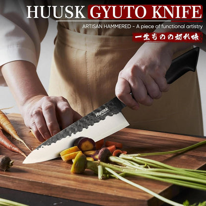 Huusk Gyuto Chef Knife - Japanese High Carbon Steel VG10 Core Ebony Grip 8" | Hand Hammered, Ergonomic, Kitchen Knives for Meat & Veggie Precise Slicing, Premium Wooden Gift Box