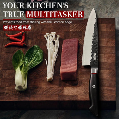 Huusk Gyuto Chef Knife - Japanese High Carbon Steel VG10 Core Ebony Grip 8" | Hand Hammered, Ergonomic, Kitchen Knives for Meat & Veggie Precise Slicing, Premium Wooden Gift Box