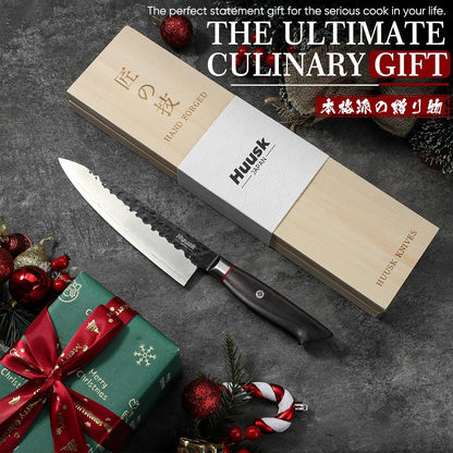 Huusk Gyuto Chef Knife - Japanese High Carbon Steel VG10 Core Ebony Grip 8" | Hand Hammered, Ergonomic, Kitchen Knives for Meat & Veggie Precise Slicing, Premium Wooden Gift Box