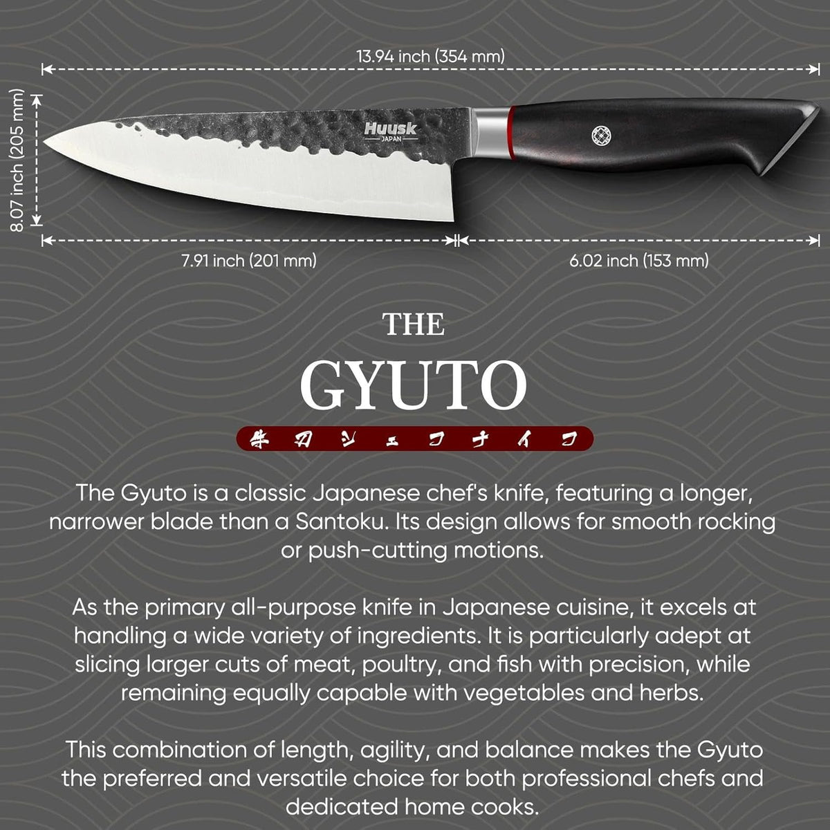 Huusk Gyuto Chef Knife - Japanese High Carbon Steel VG10 Core Ebony Grip 8" | Hand Hammered, Ergonomic, Kitchen Knives for Meat & Veggie Precise Slicing, Premium Wooden Gift Box
