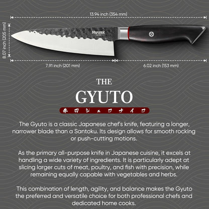 Huusk Gyuto Chef Knife - Japanese High Carbon Steel VG10 Core Ebony Grip 8" | Hand Hammered, Ergonomic, Kitchen Knives for Meat & Veggie Precise Slicing, Premium Wooden Gift Box
