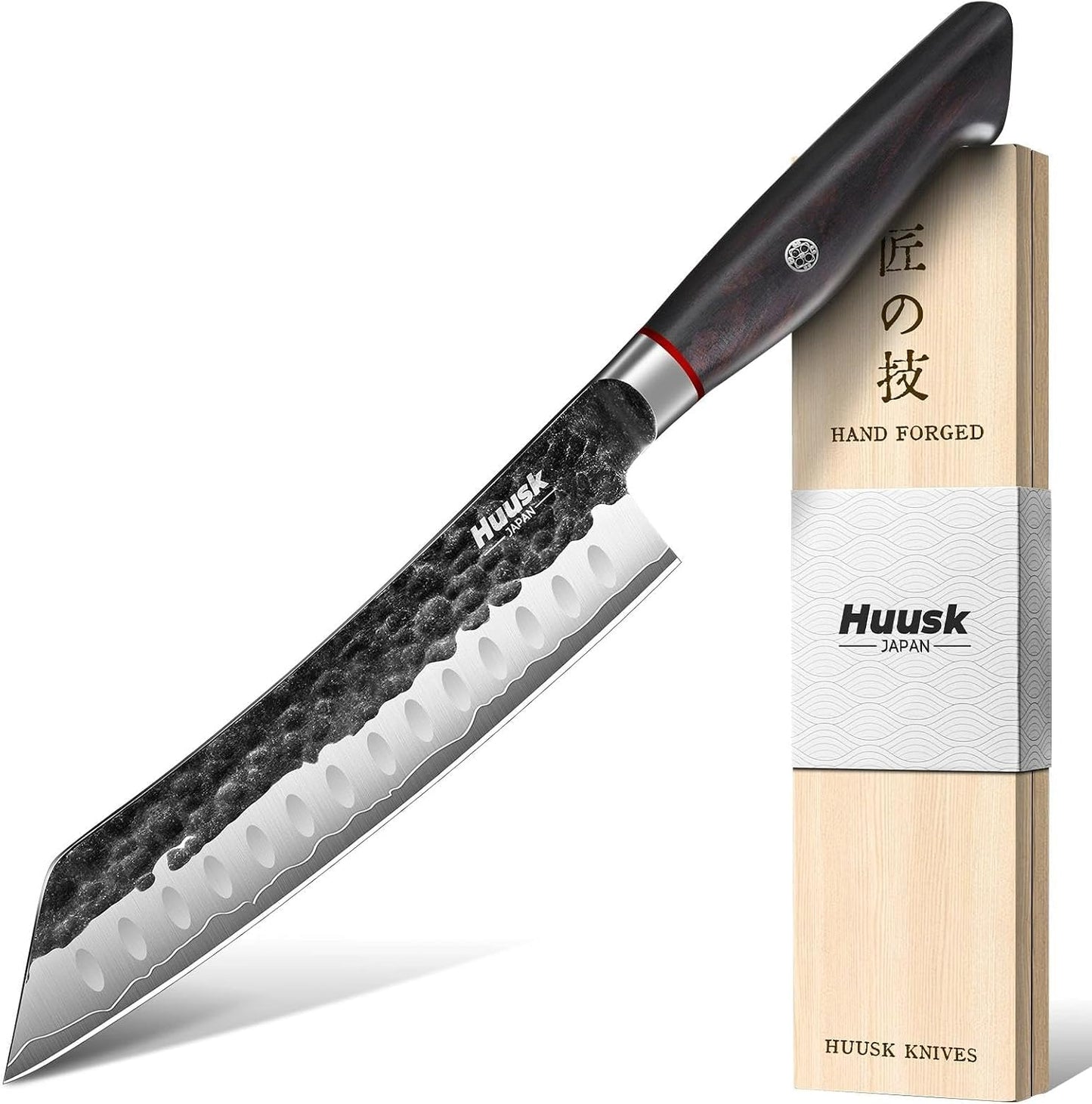 Huusk Gyuto Chef Knife - Japanese High Carbon Steel VG10 Core Ebony Grip 8" | Hand Hammered, Ergonomic, Kitchen Knives for Meat & Veggie Precise Slicing, Premium Wooden Gift Box