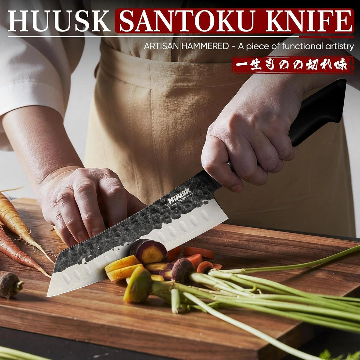 Huusk Gyuto Chef Knife - Japanese High Carbon Steel VG10 Core Ebony Grip 8" | Hand Hammered, Ergonomic, Kitchen Knives for Meat & Veggie Precise Slicing, Premium Wooden Gift Box