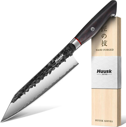 Huusk Gyuto Chef Knife - Japanese High Carbon Steel VG10 Core Ebony Grip 8" | Hand Hammered, Ergonomic, Kitchen Knives for Meat & Veggie Precise Slicing, Premium Wooden Gift Box