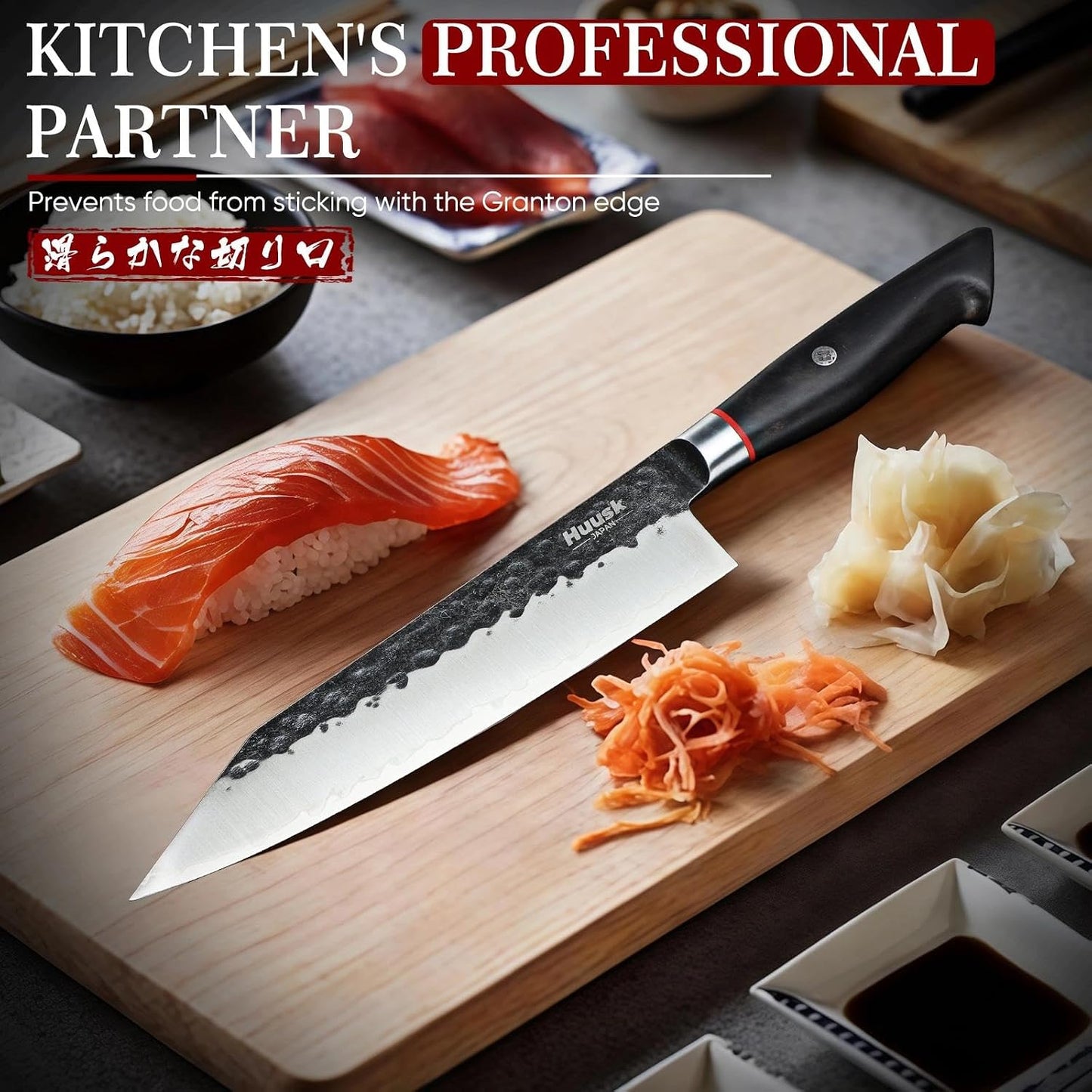 Huusk Gyuto Chef Knife - Japanese High Carbon Steel VG10 Core Ebony Grip 8" | Hand Hammered, Ergonomic, Kitchen Knives for Meat & Veggie Precise Slicing, Premium Wooden Gift Box