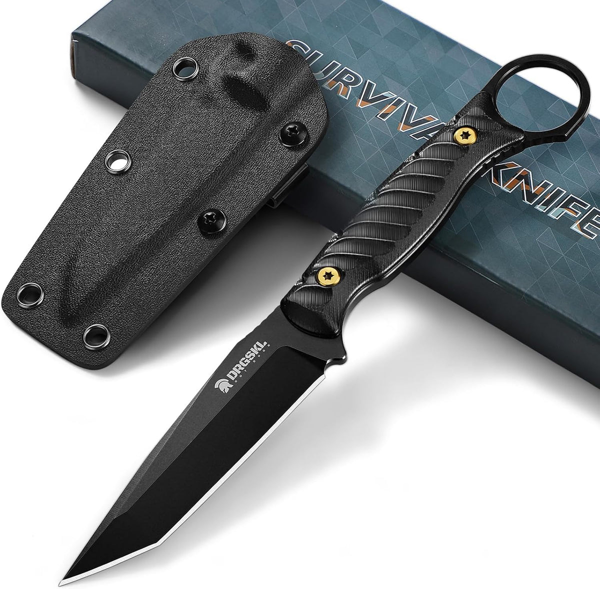 DRGSKL Tanto Fixed Blade Knife - Camping Knife with Sheath - Black | Hand-forged Geometric Blade, Premium D2 Steel, Full Tang G10 Handle, Portable Nylon Sheath, Gift Box