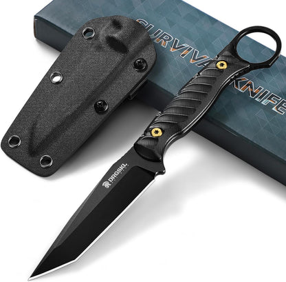 DRGSKL Tanto Fixed Blade Knife - Camping Knife with Sheath - Black | Hand-forged Geometric Blade, Premium D2 Steel, Full Tang G10 Handle, Portable Nylon Sheath, Gift Box