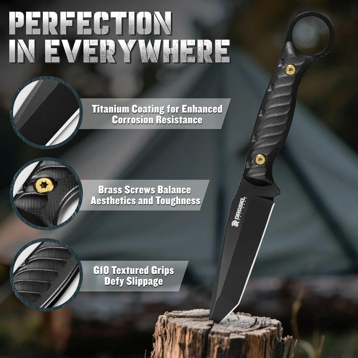 DRGSKL Tanto Fixed Blade Knife - Camping Knife with Sheath - Black | Hand-forged Geometric Blade, Premium D2 Steel, Full Tang G10 Handle, Portable Nylon Sheath, Gift Box