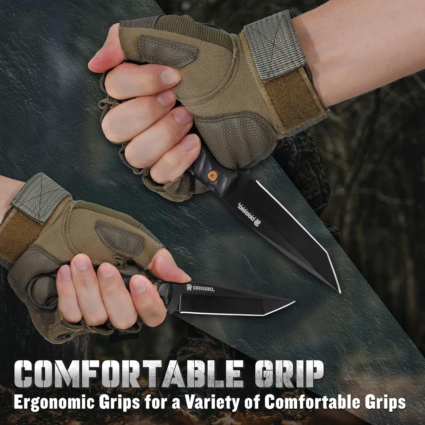 DRGSKL Tanto Fixed Blade Knife - Camping Knife with Sheath - Black | Hand-forged Geometric Blade, Premium D2 Steel, Full Tang G10 Handle, Portable Nylon Sheath, Gift Box