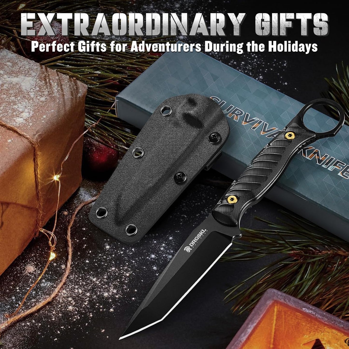 DRGSKL Tanto Fixed Blade Knife - Camping Knife with Sheath - Black | Hand-forged Geometric Blade, Premium D2 Steel, Full Tang G10 Handle, Portable Nylon Sheath, Gift Box