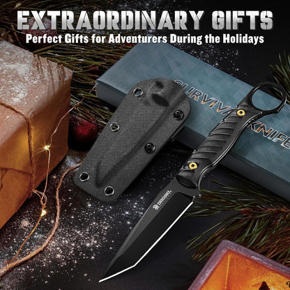 DRGSKL Tanto Fixed Blade Knife - Camping Knife with Sheath - Black | Hand-forged Geometric Blade, Premium D2 Steel, Full Tang G10 Handle, Portable Nylon Sheath, Gift Box