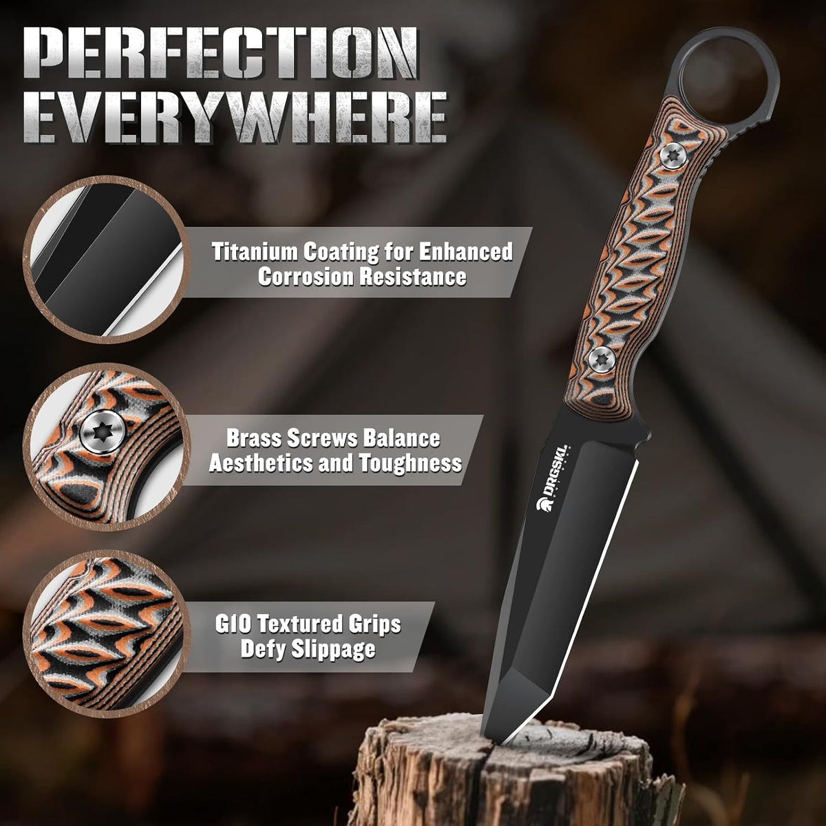DRGSKL Tanto Fixed Blade Knife - Camping Knife with Sheath - Black | Hand-forged Geometric Blade, Premium D2 Steel, Full Tang G10 Handle, Portable Nylon Sheath, Gift Box