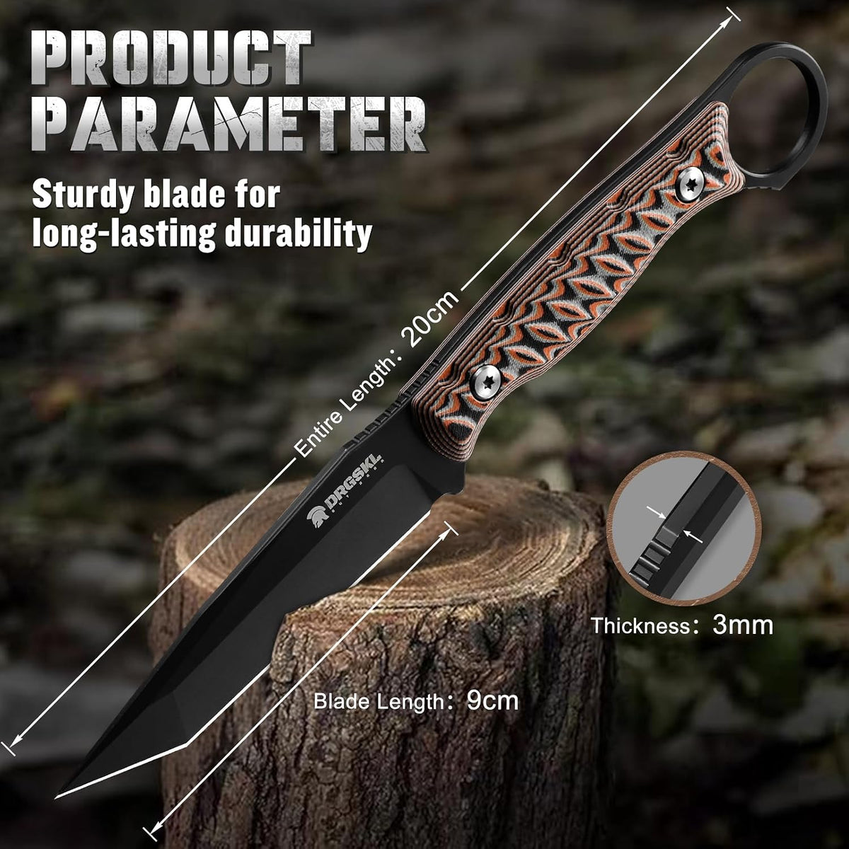 DRGSKL Tanto Fixed Blade Knife - Camping Knife with Sheath - Black | Hand-forged Geometric Blade, Premium D2 Steel, Full Tang G10 Handle, Portable Nylon Sheath, Gift Box