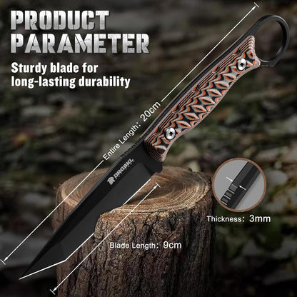 DRGSKL Tanto Fixed Blade Knife - Camping Knife with Sheath - Black | Hand-forged Geometric Blade, Premium D2 Steel, Full Tang G10 Handle, Portable Nylon Sheath, Gift Box