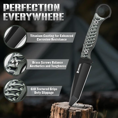 DRGSKL Tanto Fixed Blade Knife - Camping Knife with Sheath - Black | Hand-forged Geometric Blade, Premium D2 Steel, Full Tang G10 Handle, Portable Nylon Sheath, Gift Box