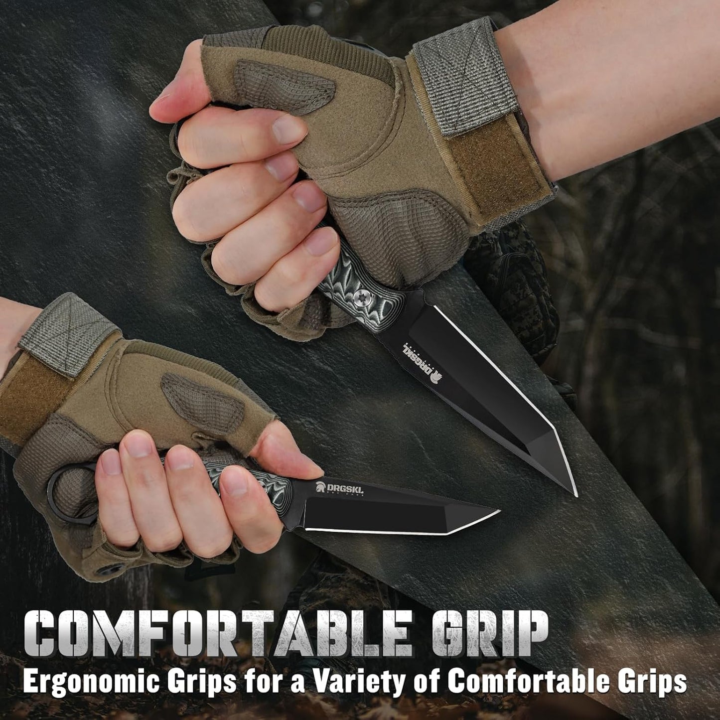 DRGSKL Tanto Fixed Blade Knife - Camping Knife with Sheath - Black | Hand-forged Geometric Blade, Premium D2 Steel, Full Tang G10 Handle, Portable Nylon Sheath, Gift Box