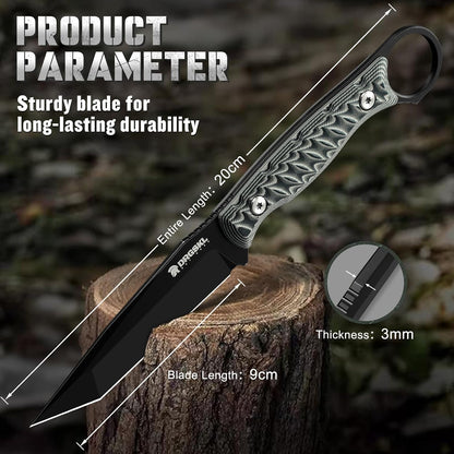 DRGSKL Tanto Fixed Blade Knife - Camping Knife with Sheath - Black | Hand-forged Geometric Blade, Premium D2 Steel, Full Tang G10 Handle, Portable Nylon Sheath, Gift Box