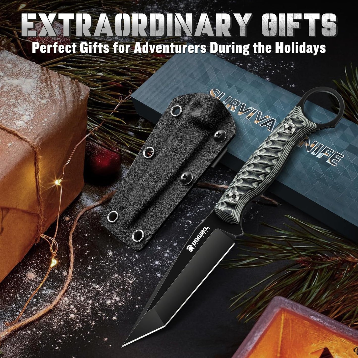 DRGSKL Tanto Fixed Blade Knife - Camping Knife with Sheath - Black | Hand-forged Geometric Blade, Premium D2 Steel, Full Tang G10 Handle, Portable Nylon Sheath, Gift Box