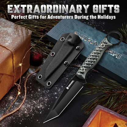 DRGSKL Tanto Fixed Blade Knife - Camping Knife with Sheath - Black | Hand-forged Geometric Blade, Premium D2 Steel, Full Tang G10 Handle, Portable Nylon Sheath, Gift Box