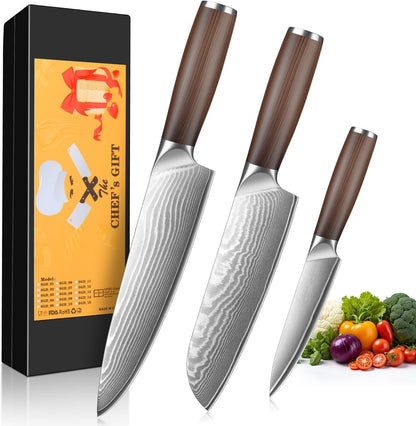 Kuwata 3 Pieces Chef Knife Set, Professional Japanese High Carbon Stainless Steel Kitchen Knife Set, Ultra Sharp Chef Knives Sets with Ergonomic Color Wooden Handle