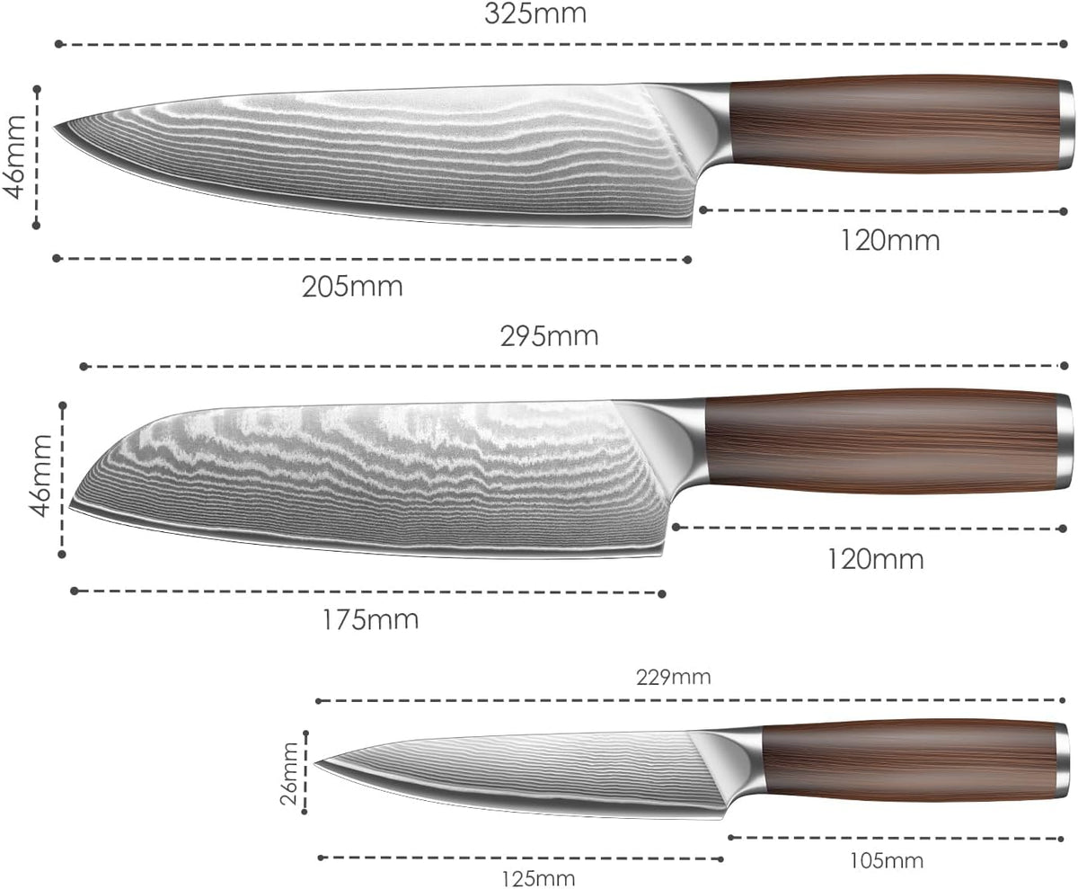 Kuwata 3 Pieces Chef Knife Set, Professional Japanese High Carbon Stainless Steel Kitchen Knife Set, Ultra Sharp Chef Knives Sets with Ergonomic Color Wooden Handle