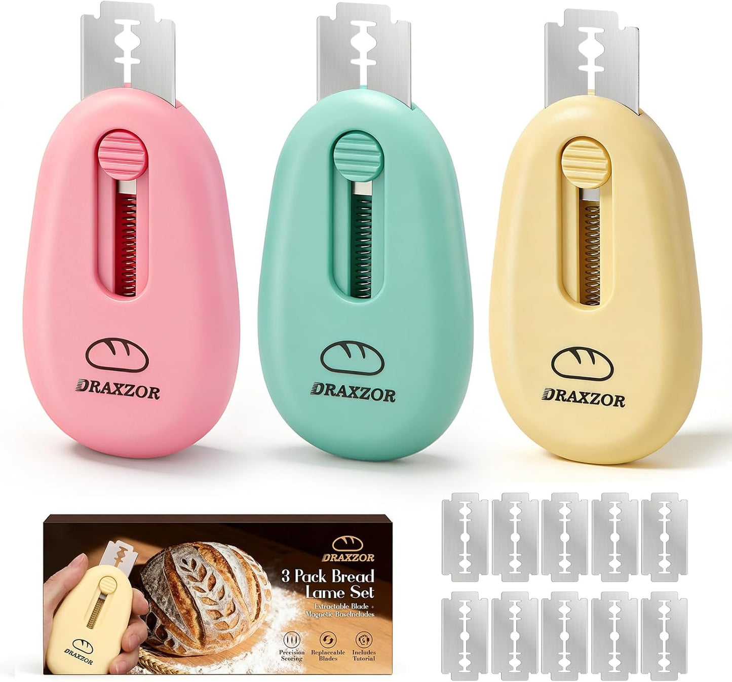 3-Pack Bread Lame, Professional Sourdough Scoring Tool Set | Ergonomic Bread Scoring Tool with Magnetic Base, Includes 10 Replacement Razor Blades & Scoring Patterns Booklet