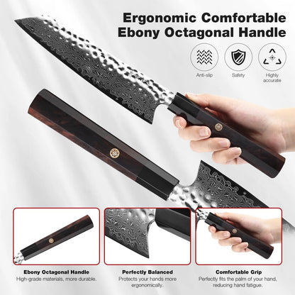 Kiritsuke Chef Knife 8 Inch, Hand-forged 67-Layer VG10 High Carbon Steel Japanese Damascus Chef Knife, Ultra Sharp Hammered Damascus Chef Knife with Octagonal Ebony Handle & Gift Box