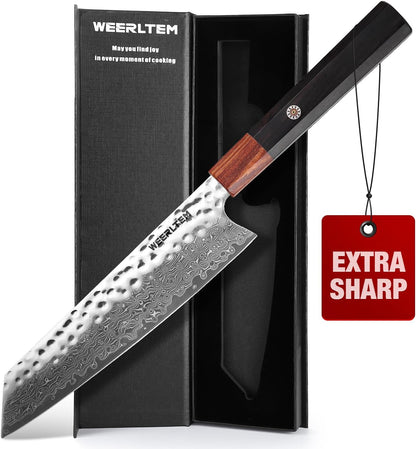 Kiritsuke Chef Knife 8 Inch, Hand-forged 67-Layer VG10 High Carbon Steel Japanese Damascus Chef Knife, Ultra Sharp Hammered Damascus Chef Knife with Octagonal Ebony Handle & Gift Box
