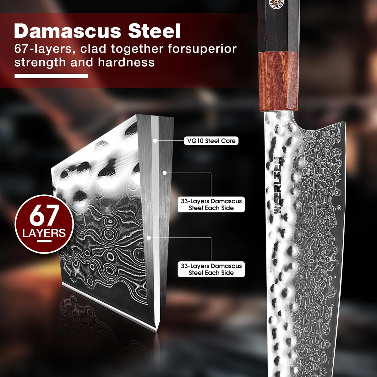 Kiritsuke Chef Knife 8 Inch, Hand-forged 67-Layer VG10 High Carbon Steel Japanese Damascus Chef Knife, Ultra Sharp Hammered Damascus Chef Knife with Octagonal Ebony Handle & Gift Box