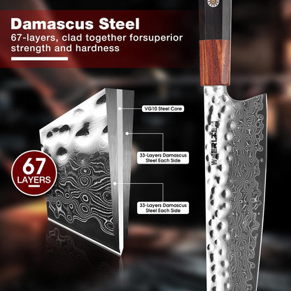 Kiritsuke Chef Knife 8 Inch, Hand-forged 67-Layer VG10 High Carbon Steel Japanese Damascus Chef Knife, Ultra Sharp Hammered Damascus Chef Knife with Octagonal Ebony Handle & Gift Box