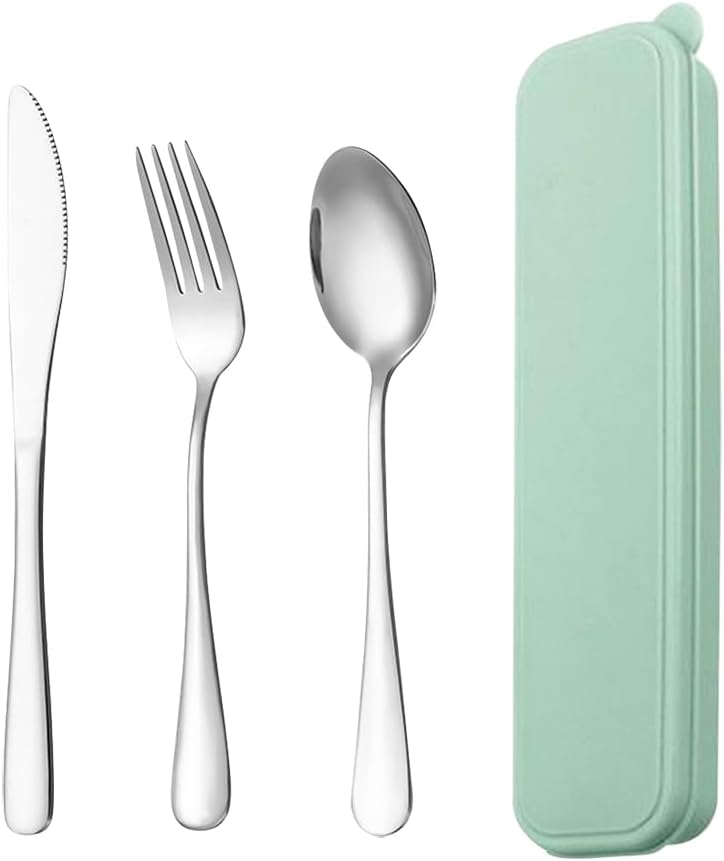Stainless Steel Travel Utensils Set Camping Fork Spoon Knife Set Portable Reusable Utensils Set Camping Cutlery Set Work Flatware with Case for Outdoor Green