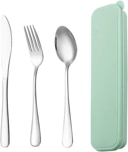 Stainless Steel Travel Utensils Set Camping Fork Spoon Knife Set Portable Reusable Utensils Set Camping Cutlery Set Work Flatware with Case for Outdoor Green