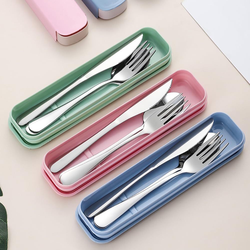 Stainless Steel Travel Utensils Set Camping Fork Spoon Knife Set Portable Reusable Utensils Set Camping Cutlery Set Work Flatware with Case for Outdoor Green